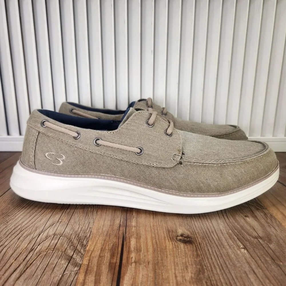 Skechers Concept 3 Men Sz 10.5 Khaki Canvas Memory Foam Casual Boat Shoes 244005